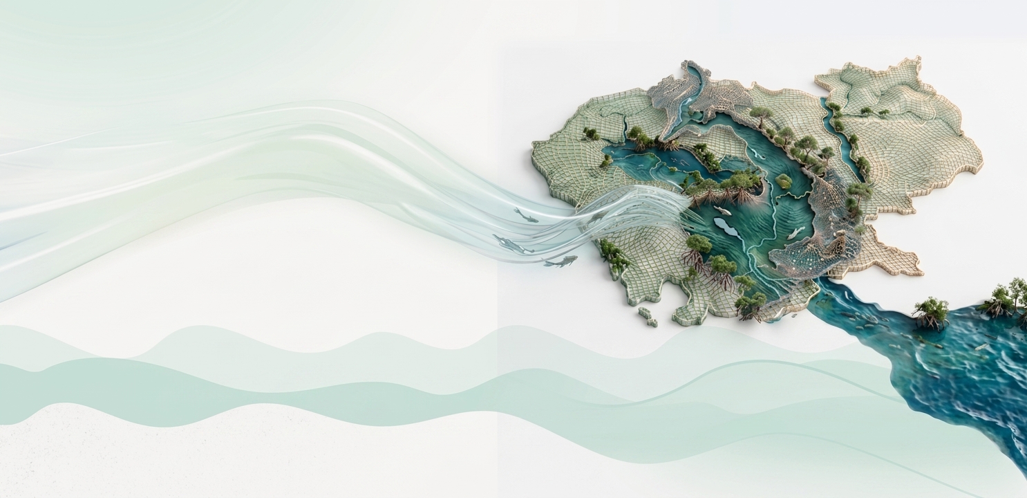 A three-dimensional relief of the Mekong basin across Cambodia, Viet Nam, Laos and Thailand, drawn as a lattice of fine contour lines, with the river running through it as a luminous stream of water.
